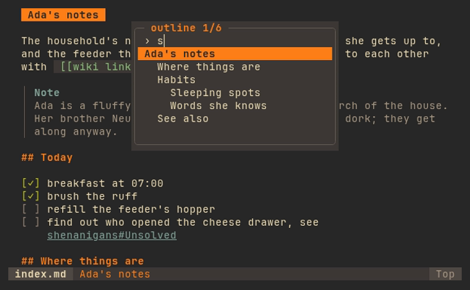 the outline of headings in a popup, filtered