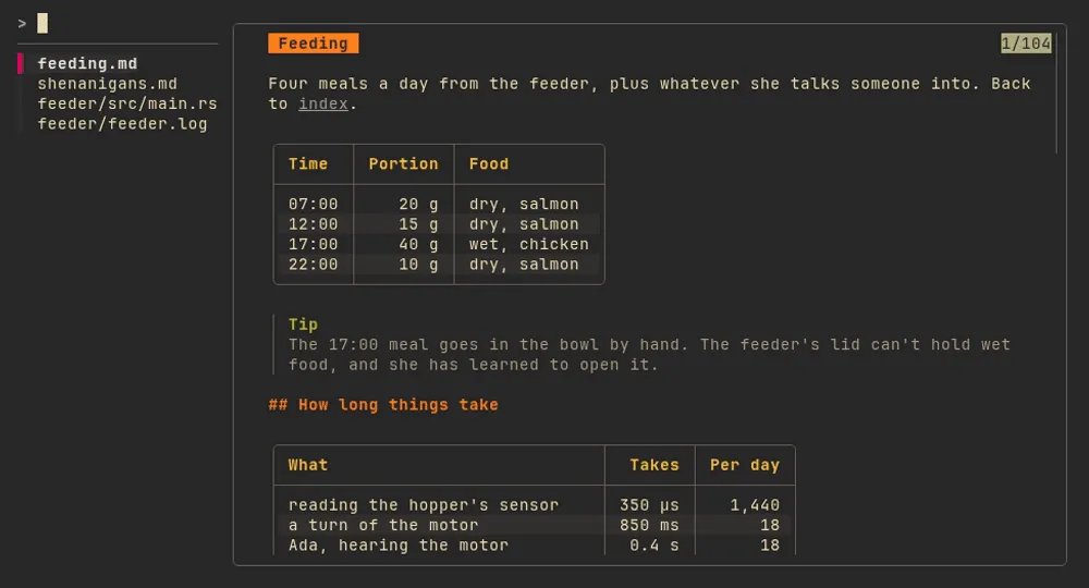 fzf with ada as its previewer, moving from a note with two tables to one with a seven-column table, then a Rust file and a highlighted log